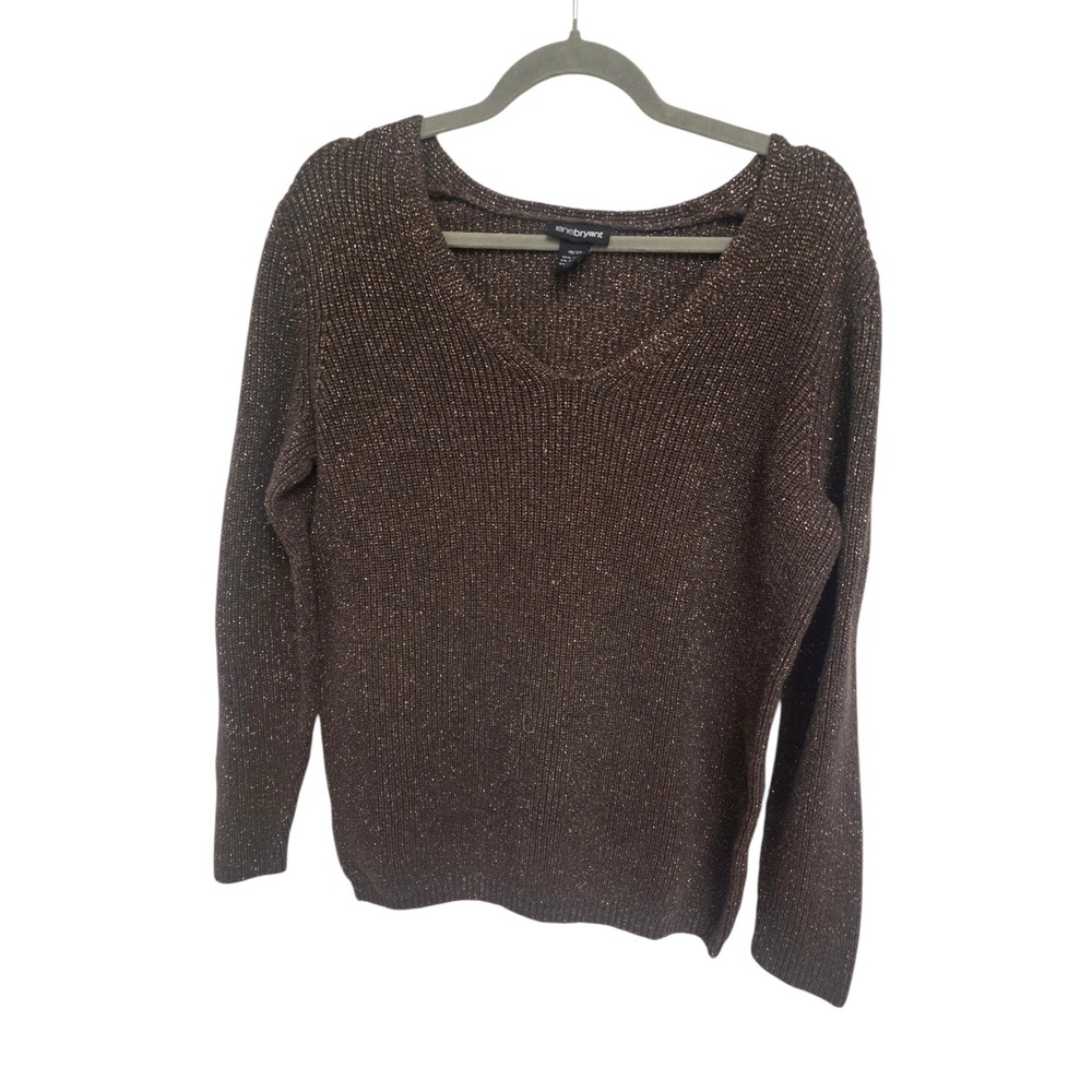 Lane Bryant Brown Gold Metallic‎ Shimmer V-Neck Knit Sweater Plus Size 18/20